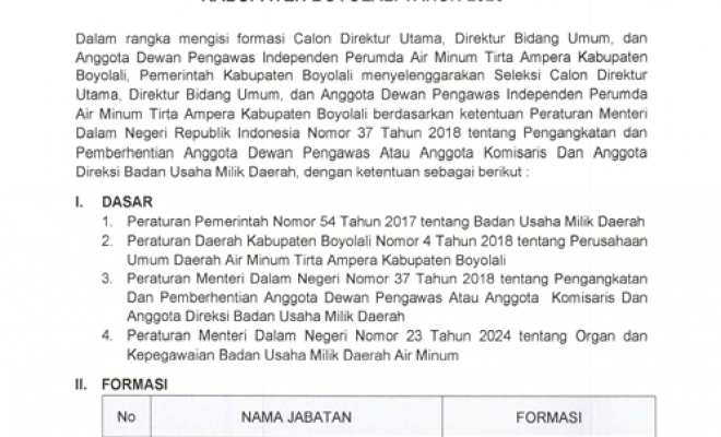 Pengumuman Seleksi Calon Direktur Utama, Calon Direktur Bidang Umum, Calon Dewan Pengawas Independen, PUDAM TIRTA AMPERA Kabupaten Boyolali Tahun 2025